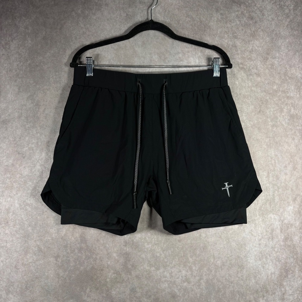 Three Nails 2-in-1 Training Shorts Mens Large Black Athletic Gym Running Workout